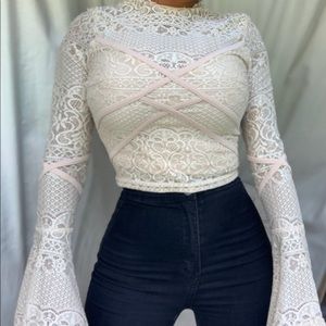 Nude Lace Long Bell Sleeve Crop Top